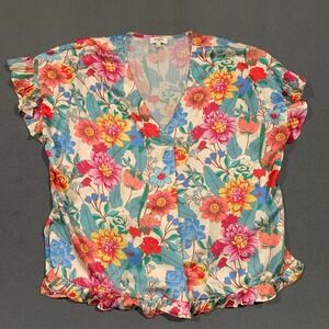 Wearable Art Floral Ruffle Top Women's Size L Multicolor Summer V-Neck Blouse‎
